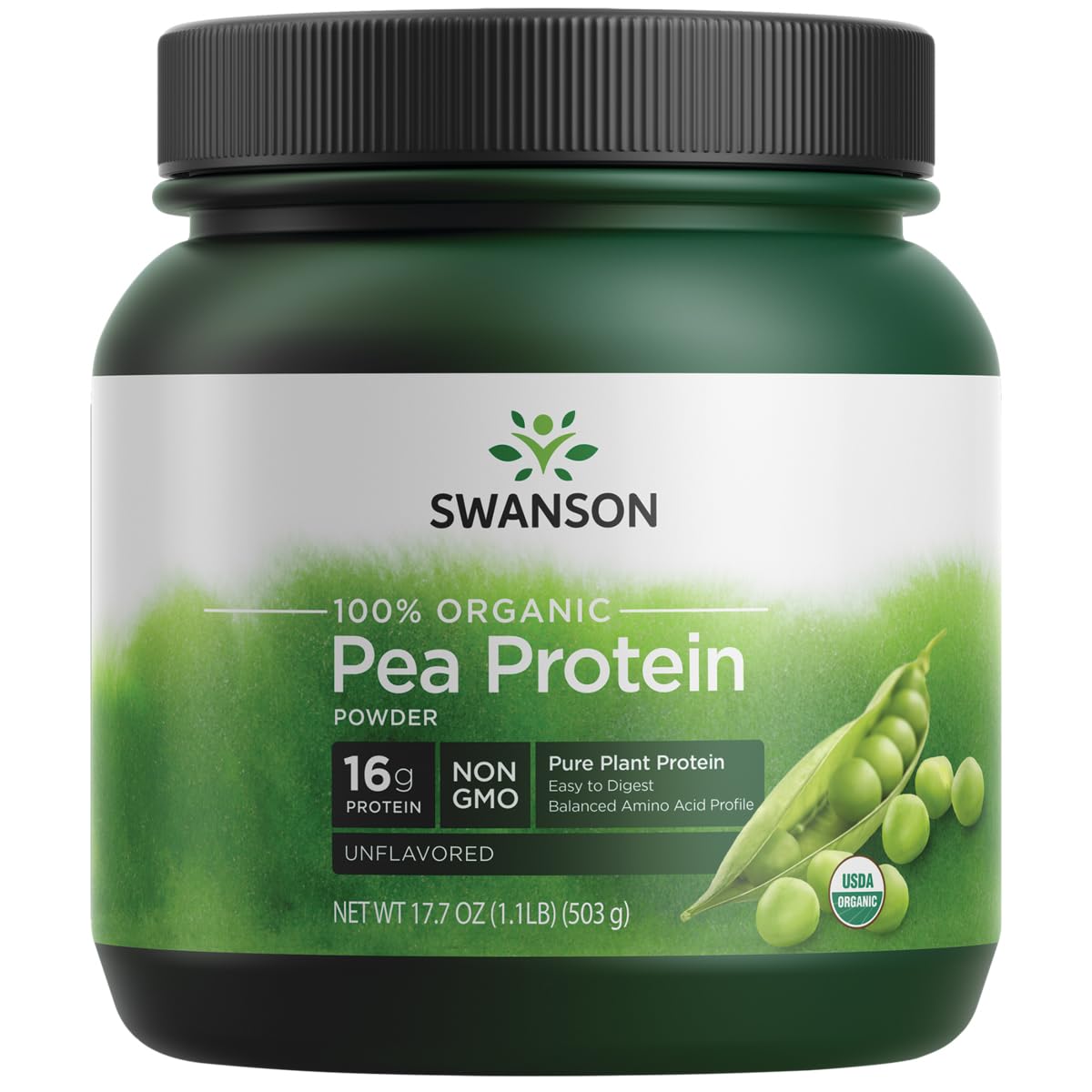 Proteína de guisante orgánica de Swanson en polvo y envase, ideal para batidos
