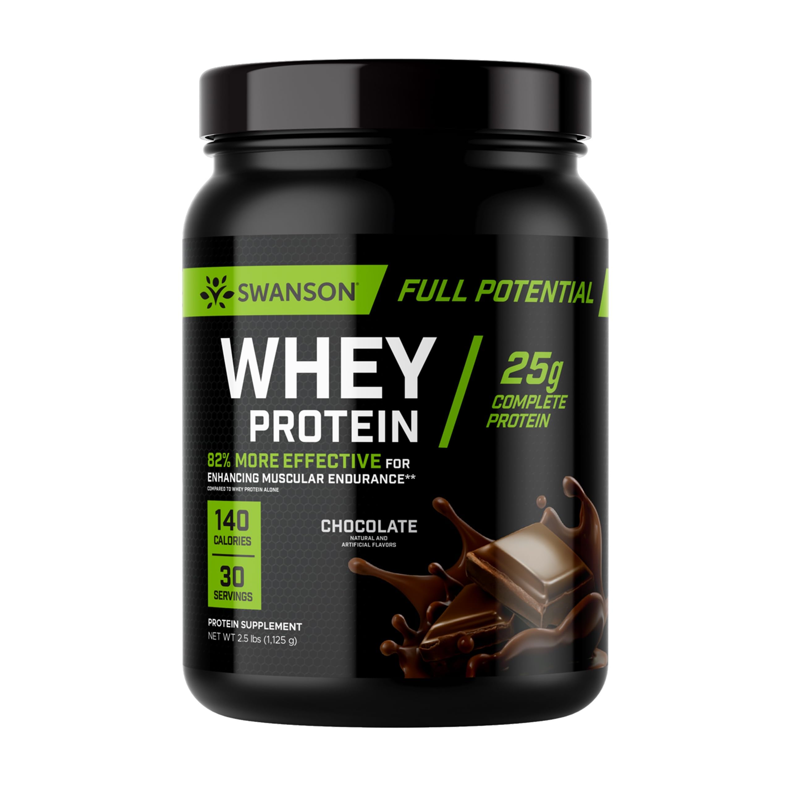 Swanson Proteína de Suero Potencial Máximo - Chocolate, envase detalle para porciones y uso diario.