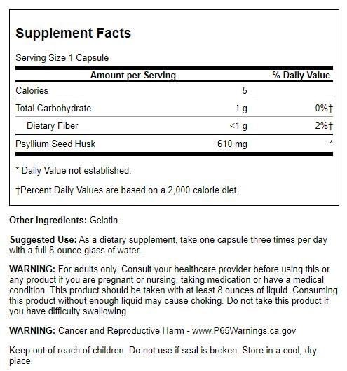 Swanson Psyllium en caja, cápsulas de 610 mg para apoyar el tránsito intestinal.