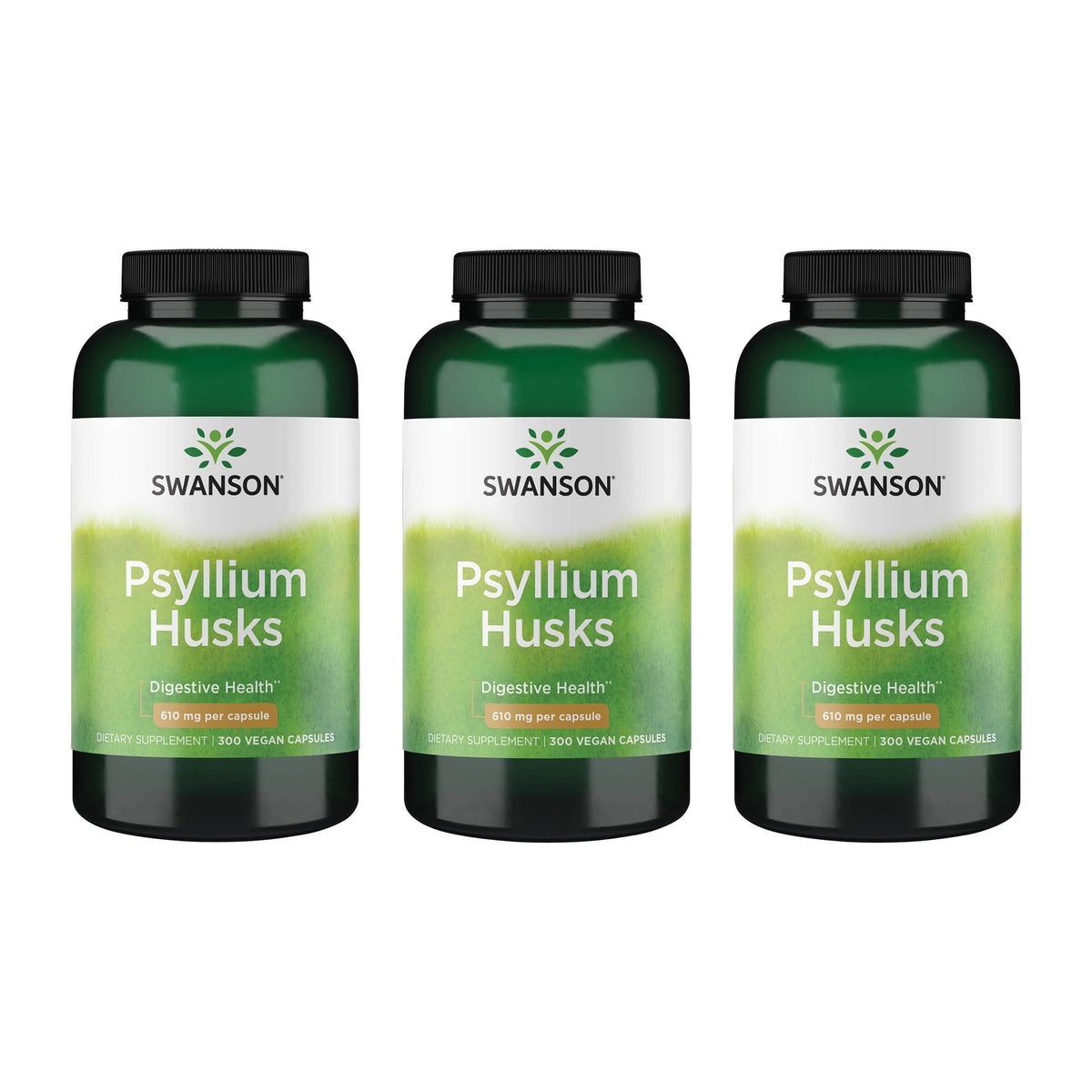 Swanson Psyllium Husk 610 mg en botella frontal, apoyo digestivo.
