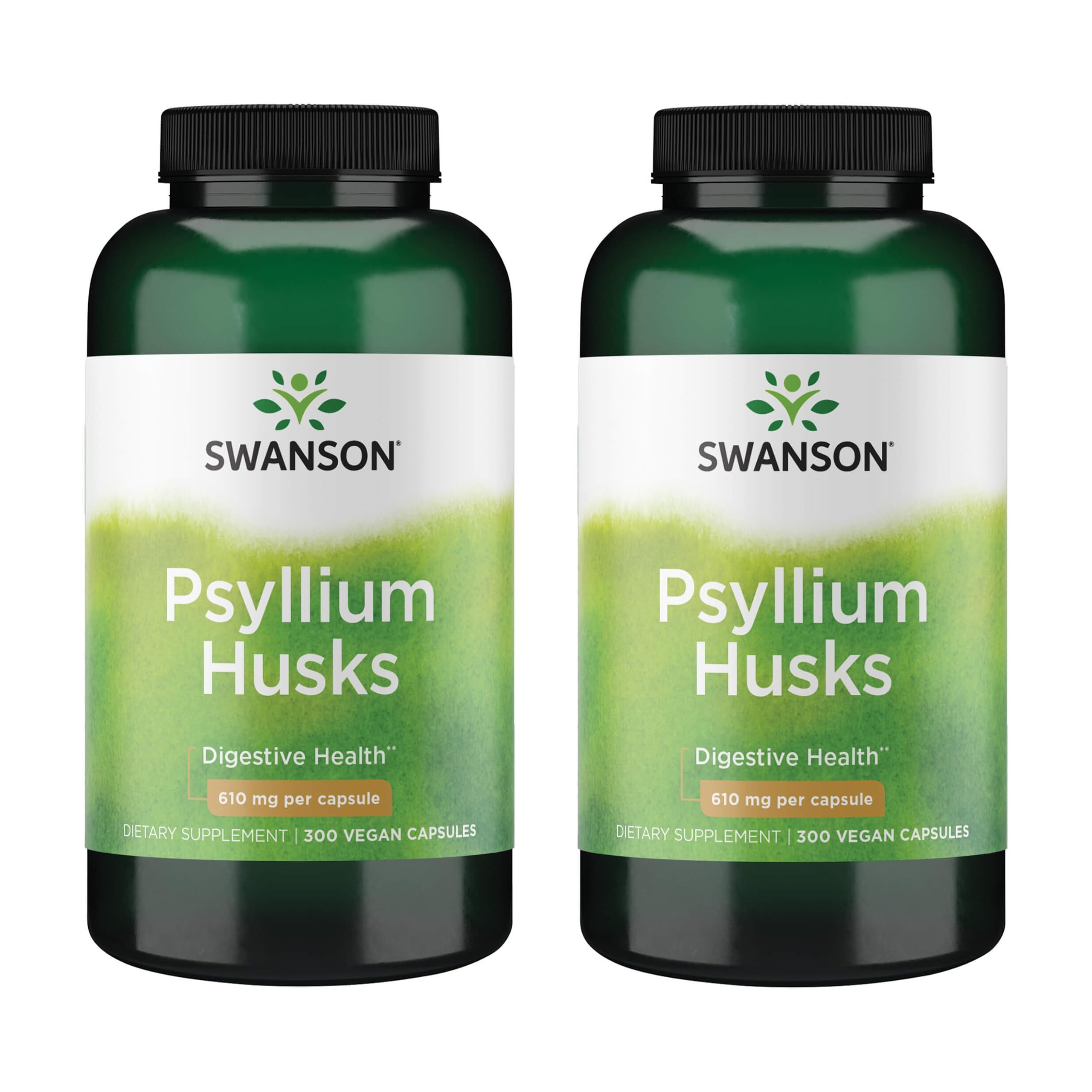 Swanson Psyllium Husk cápsulas 610 mg, botella frontal para uso diario de fibra.
