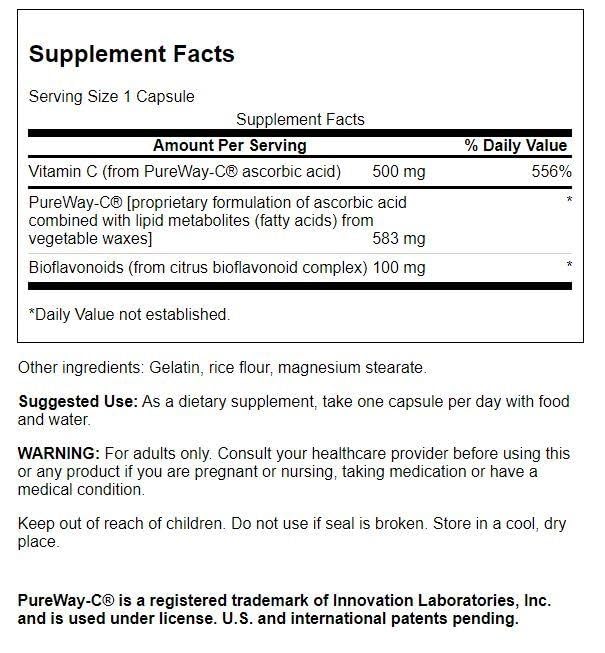 Swanson PureWay-Vitamina C 500 mg, etiqueta frontal, destacando su uso antioxidante en la rutina diaria.