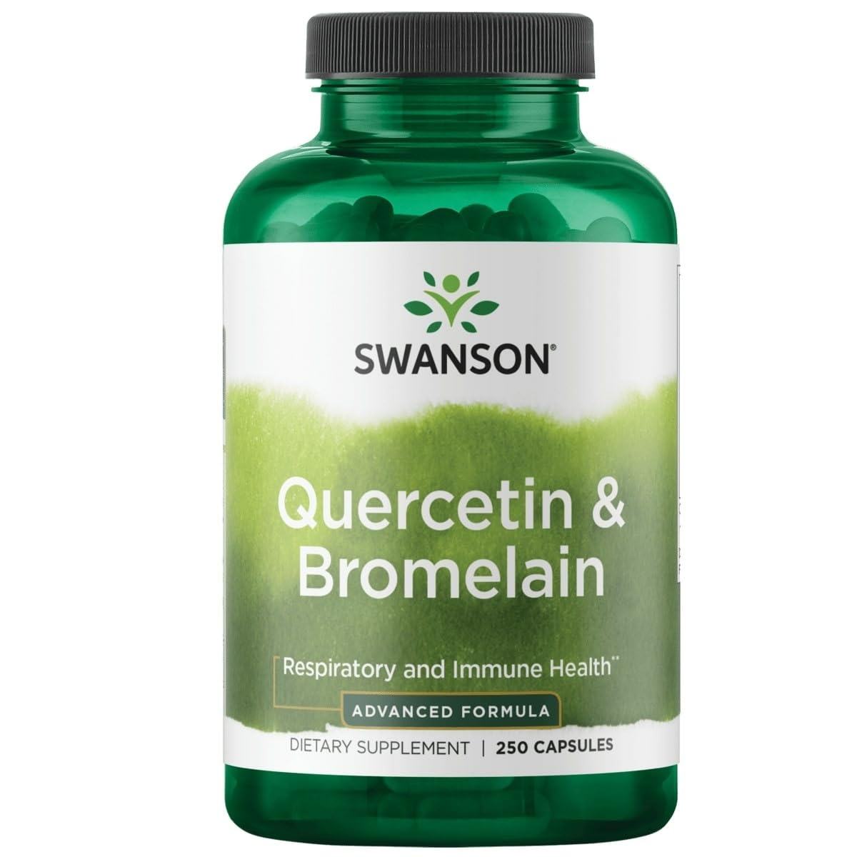 Frasco de Swanson Quercetina y Bromelina con cápsulas para uso diario.