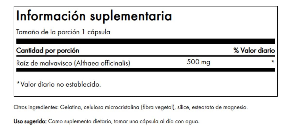 Swanson Raíz de Malvavisco, frasco de cápsulas, uso diario para cuidado respiratorio y digestivo.