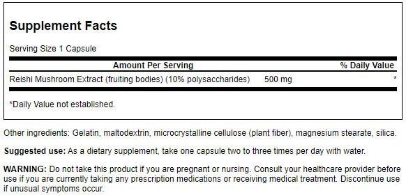 Swanson extracto de reishi 500 mg, 90 cápsulas, vista del envase para relajación y foco.