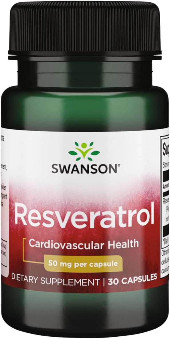 Swanson Resveratrol 50 mg, botella visible para apoyo antioxidante diario