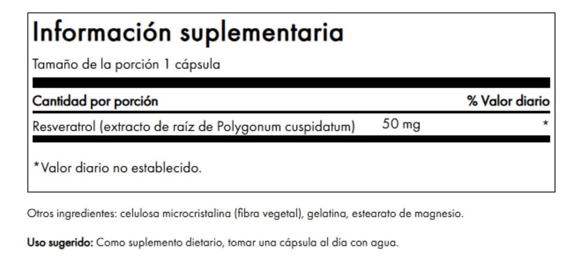 Swanson Resveratrol 50 mg, etiqueta visible con ingredientes y pureza