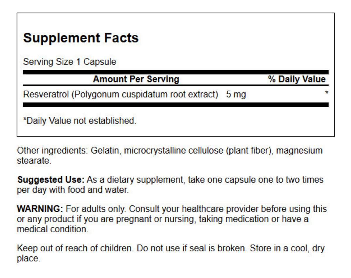 Swanson Resveratrol etiqueta detalles: información clara para uso responsable.