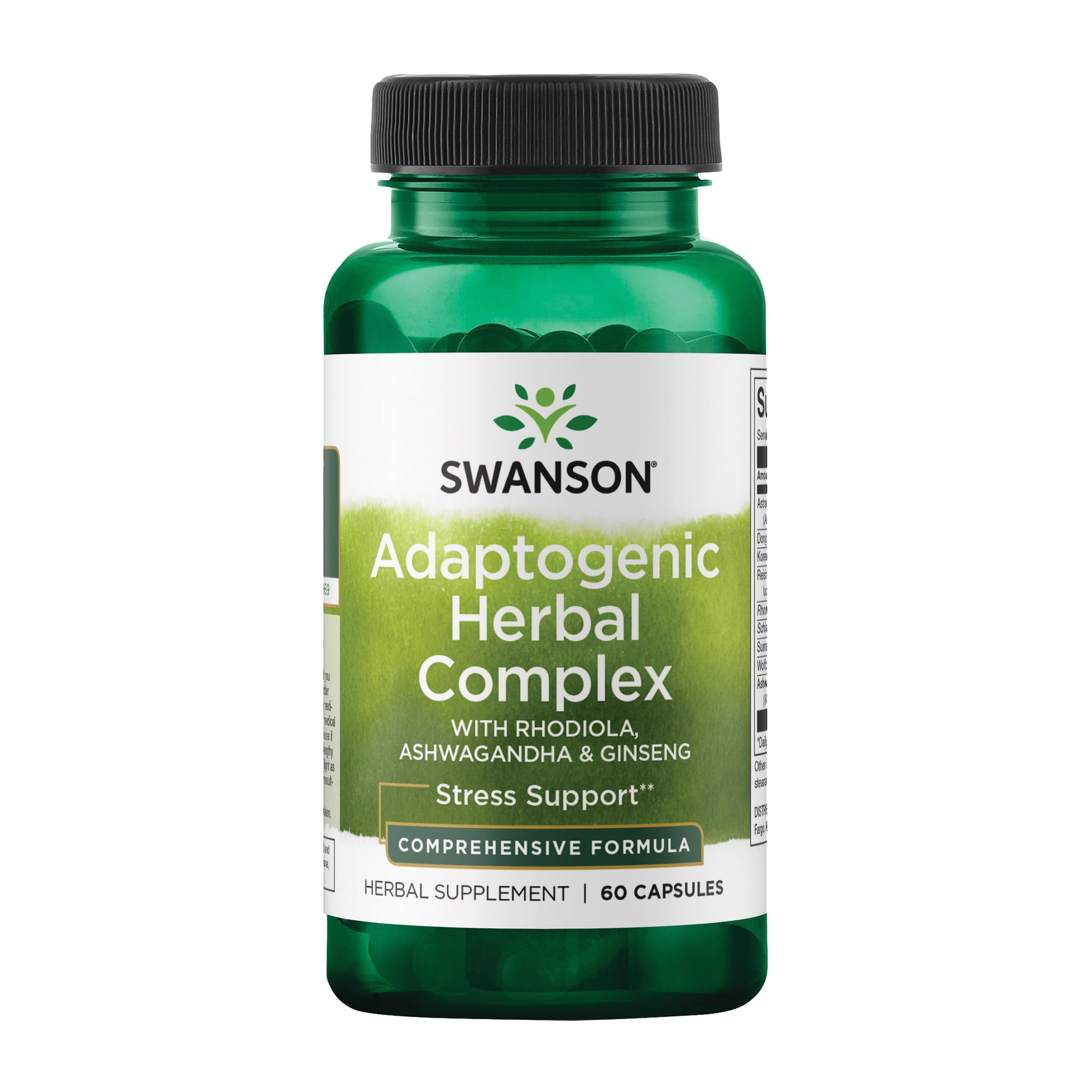 Swanson Rhodiola Ashwagandha Ginseng Complex frasco frente, apoyo energético suave.