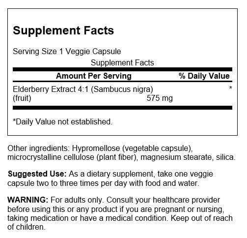 Etiqueta del producto Swanson Sambucus con concentración 575 mg para uso diario