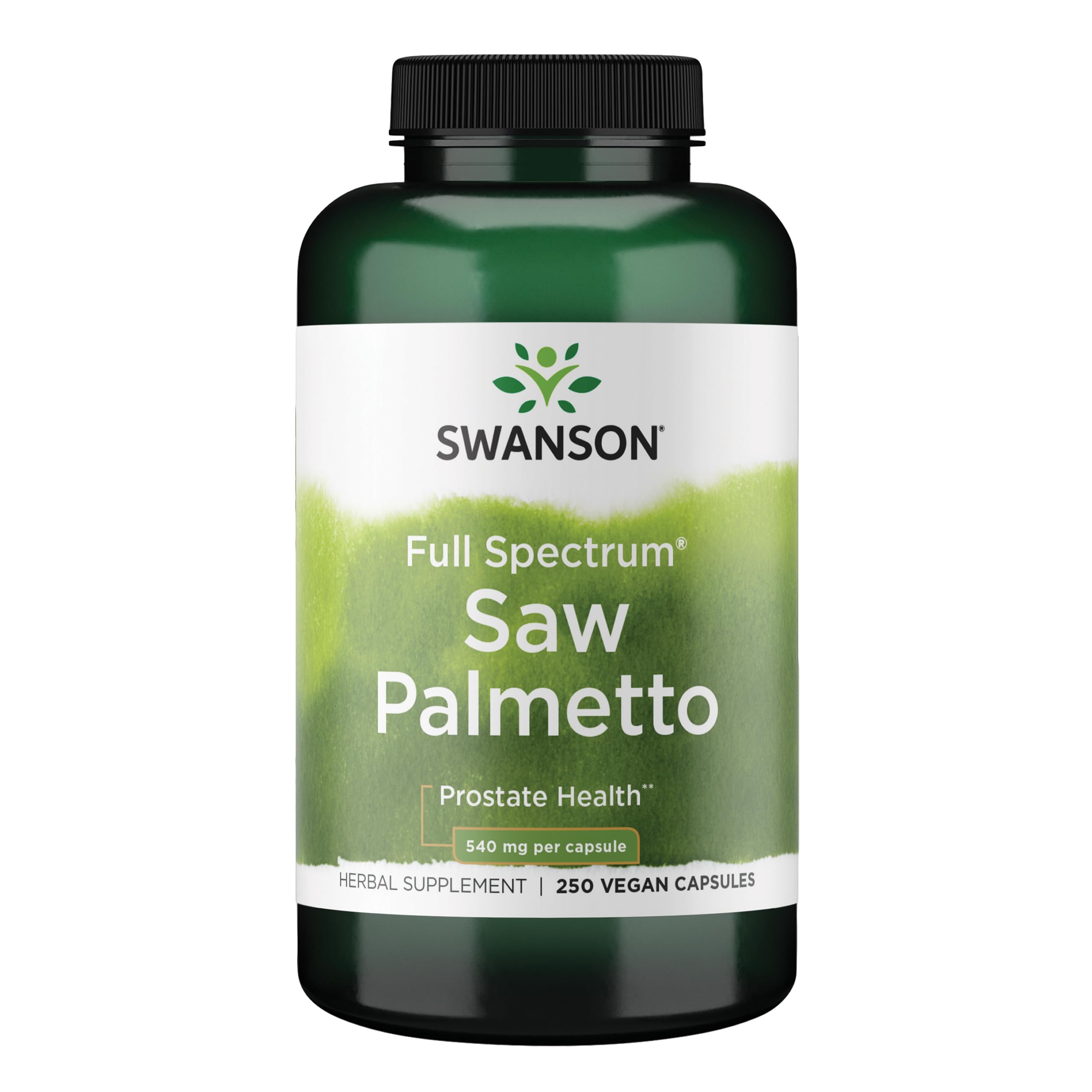 Swanson Saw Palmetto, botella de suplemento herbal para apoyo prostático.