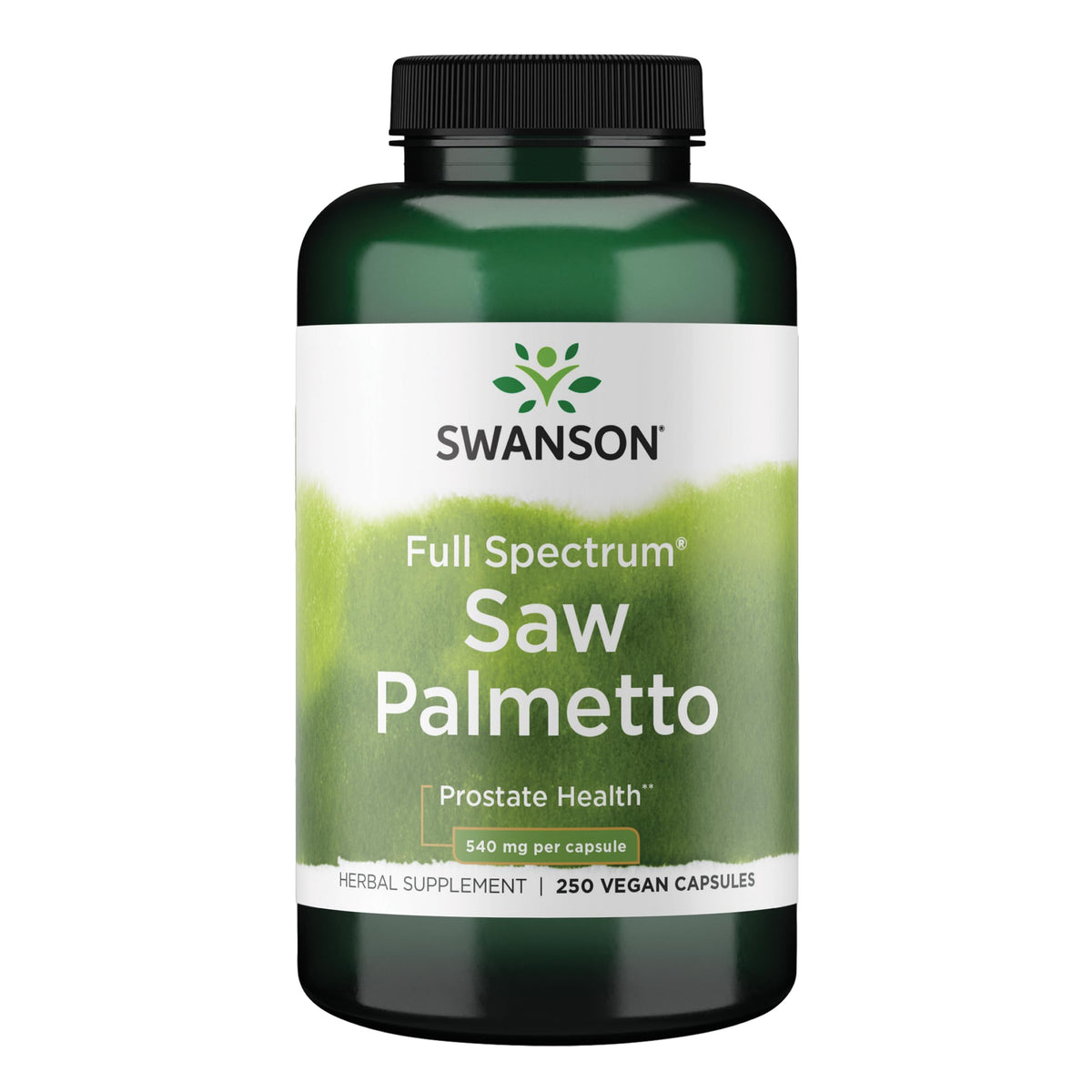 Swanson Saw Palmetto, botella de suplemento herbal para apoyo prostático.