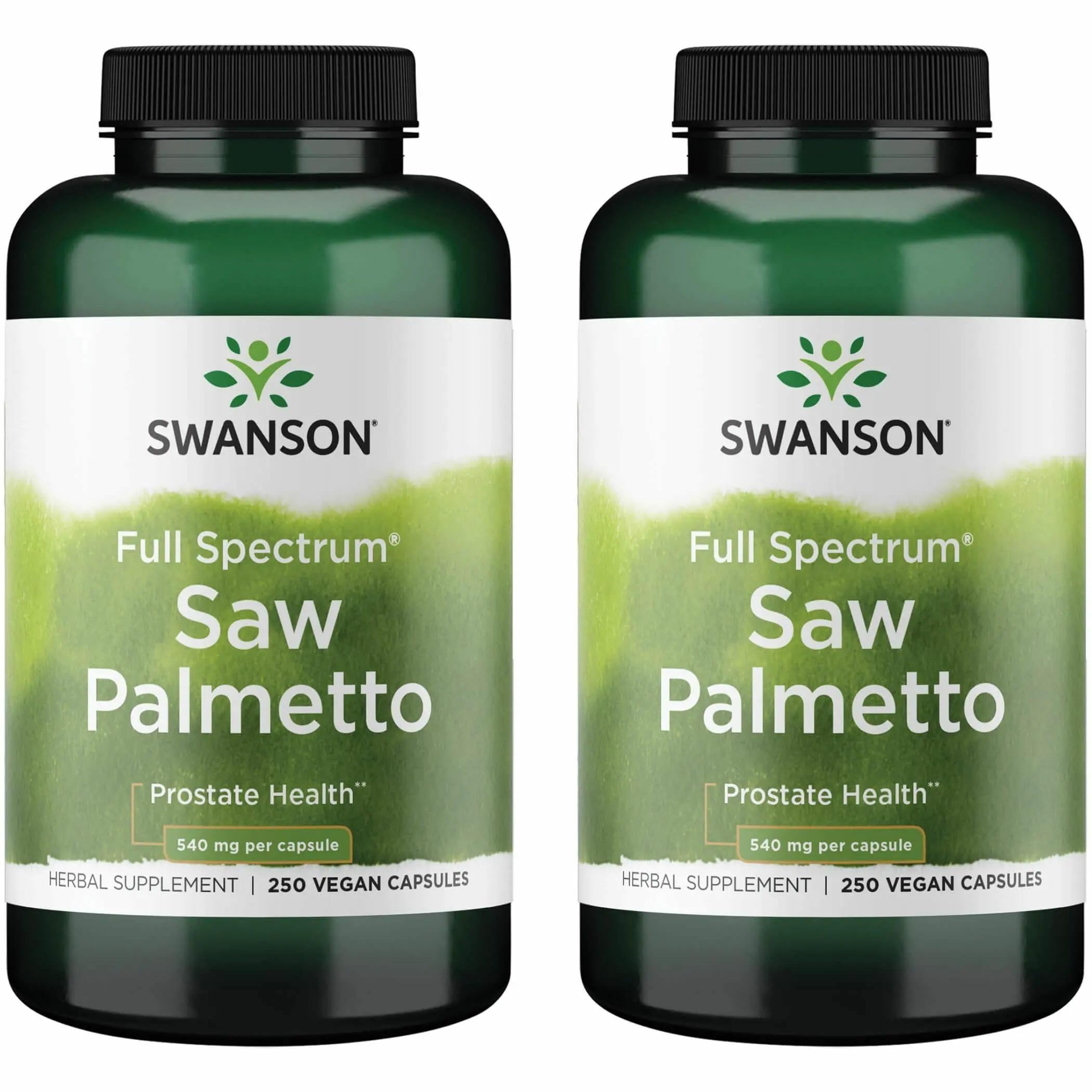 Swanson Saw Palmetto en botella con cápsulas veganas para uso diario.