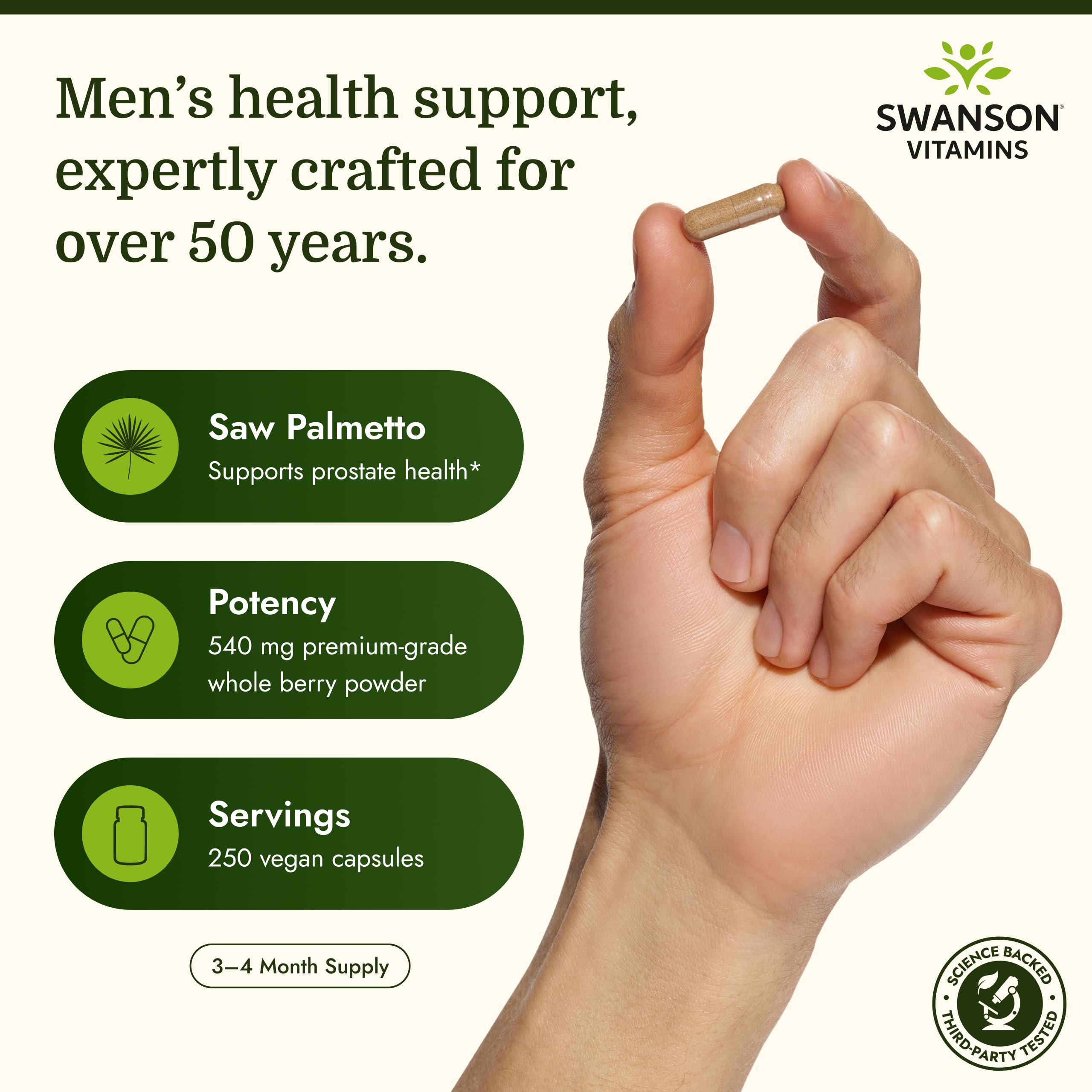 Swanson Saw Palmetto, etiqueta con ingredientes y beneficios.