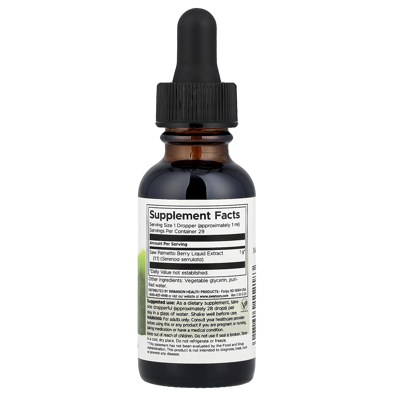 Swanson Saw Palmetto líquido, etiqueta clara, fácil de identificar ingredientes y fecha de caducidad
