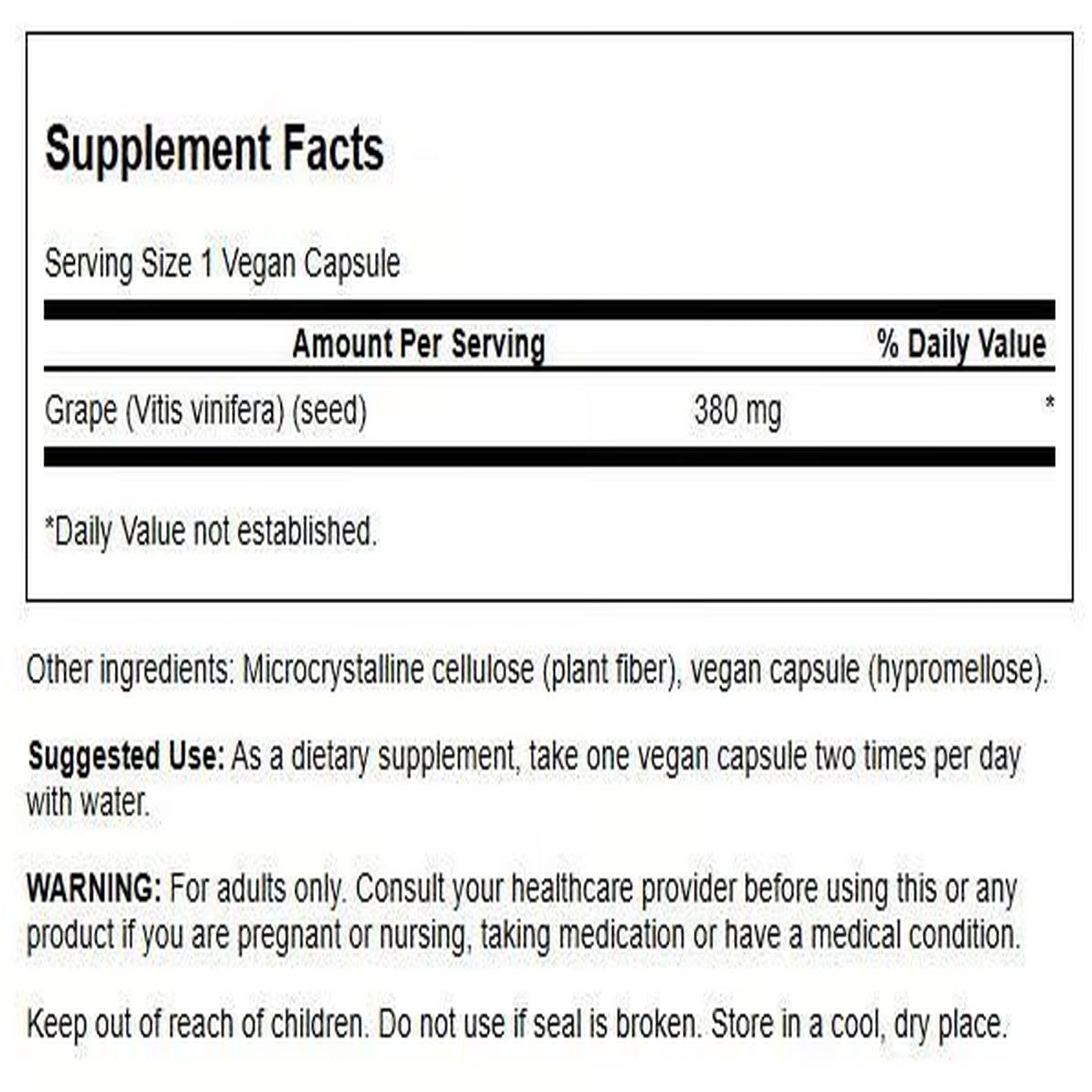 Swanson Semilla de Uva etiqueta cercana, destacan los OPC y antioxidantes.