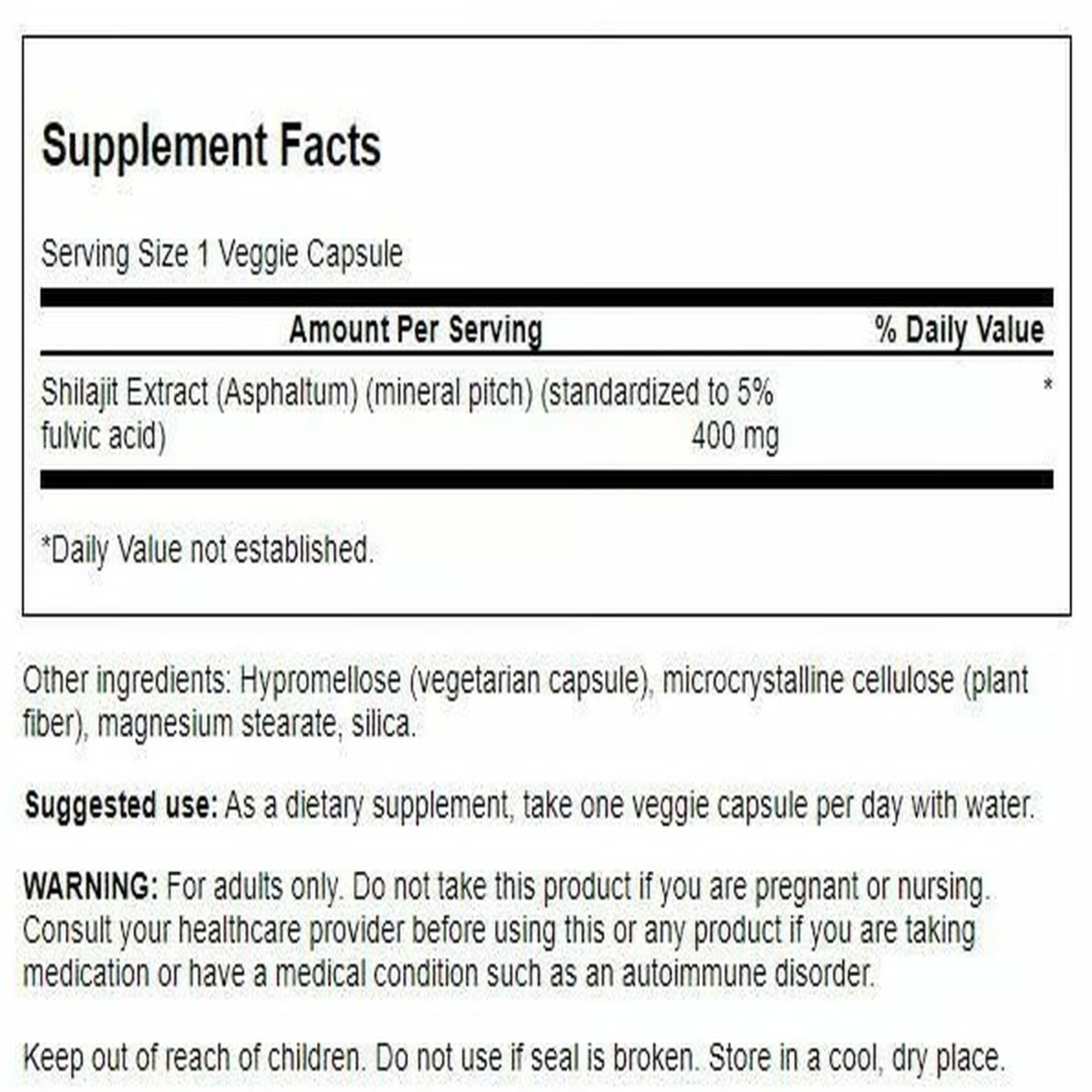 Swanson Shilajit Extract botella de cápsulas: dosis diaria práctica.