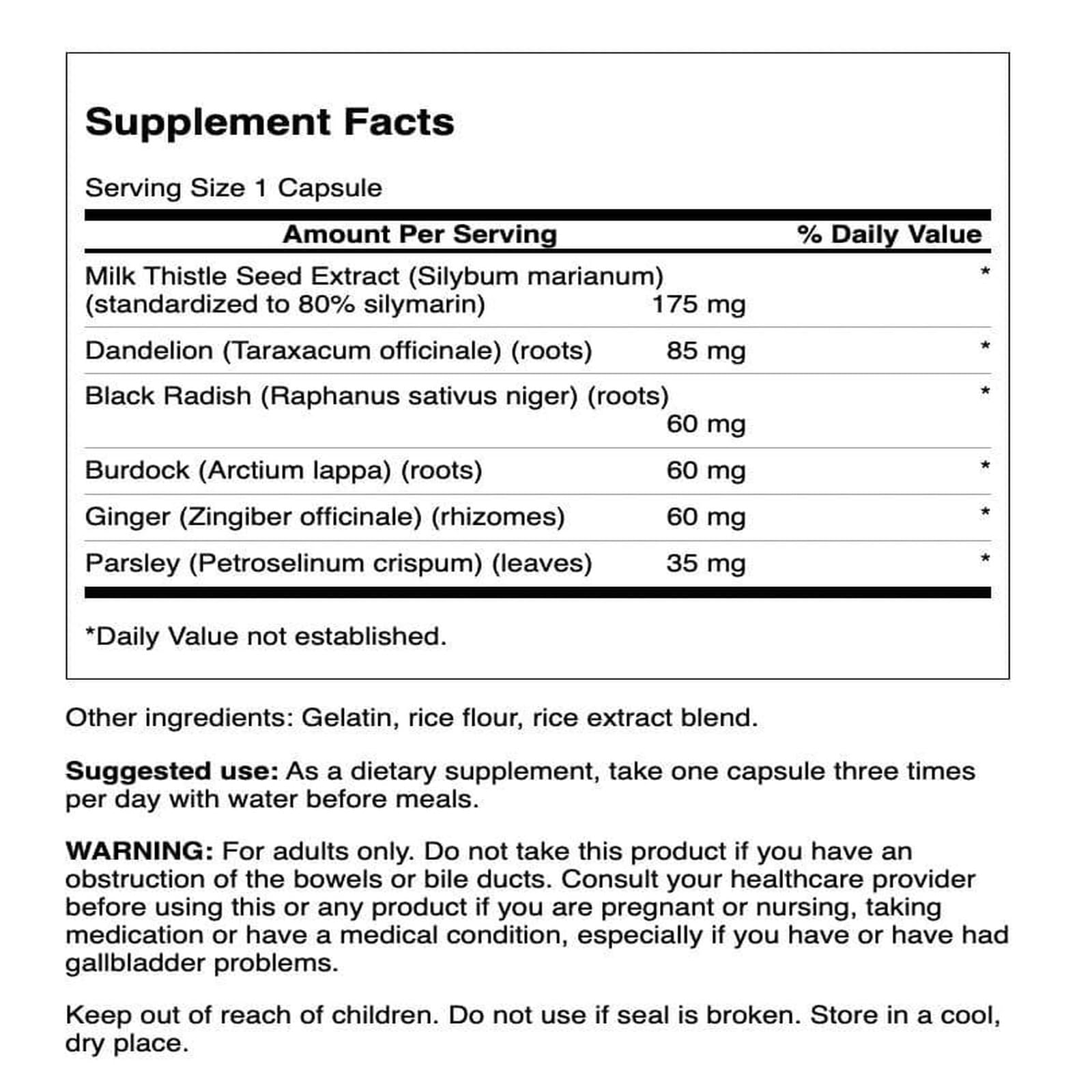 Swanson Silimarina Combinación 60 cápsulas: etiqueta frontal para lectura rápida de ingredientes.