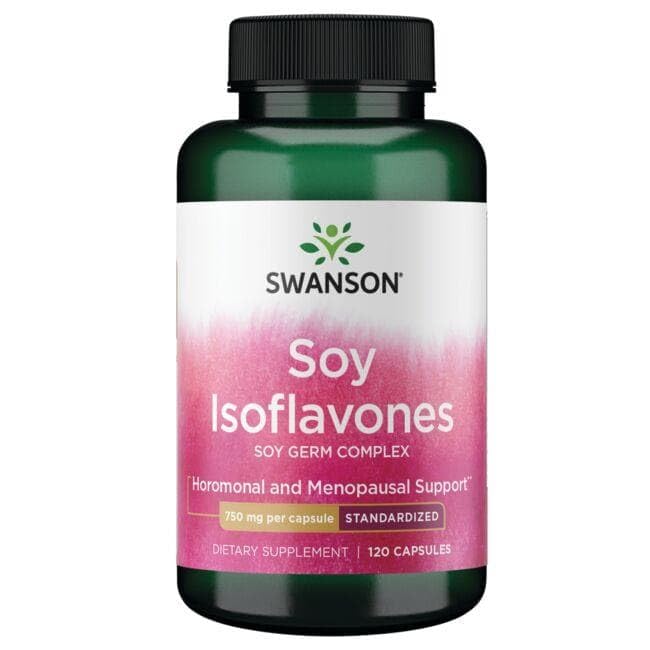 Cápsulas Swanson Isoflavonas con agua para consumo diario.