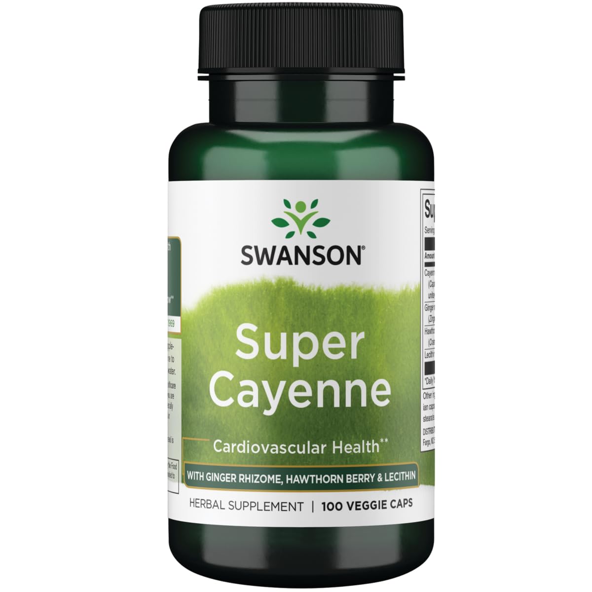 Swanson Super Cayenne en envase de cápsulas vegetales; posible apoyo a la salud cardiovascular.