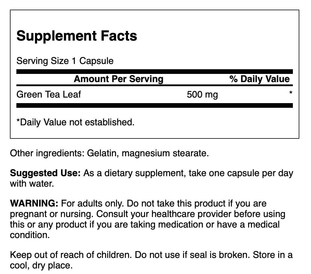 Swanson té verde 500 mg, etiqueta, fácil identificación de beneficios para vitalidad y bienestar.