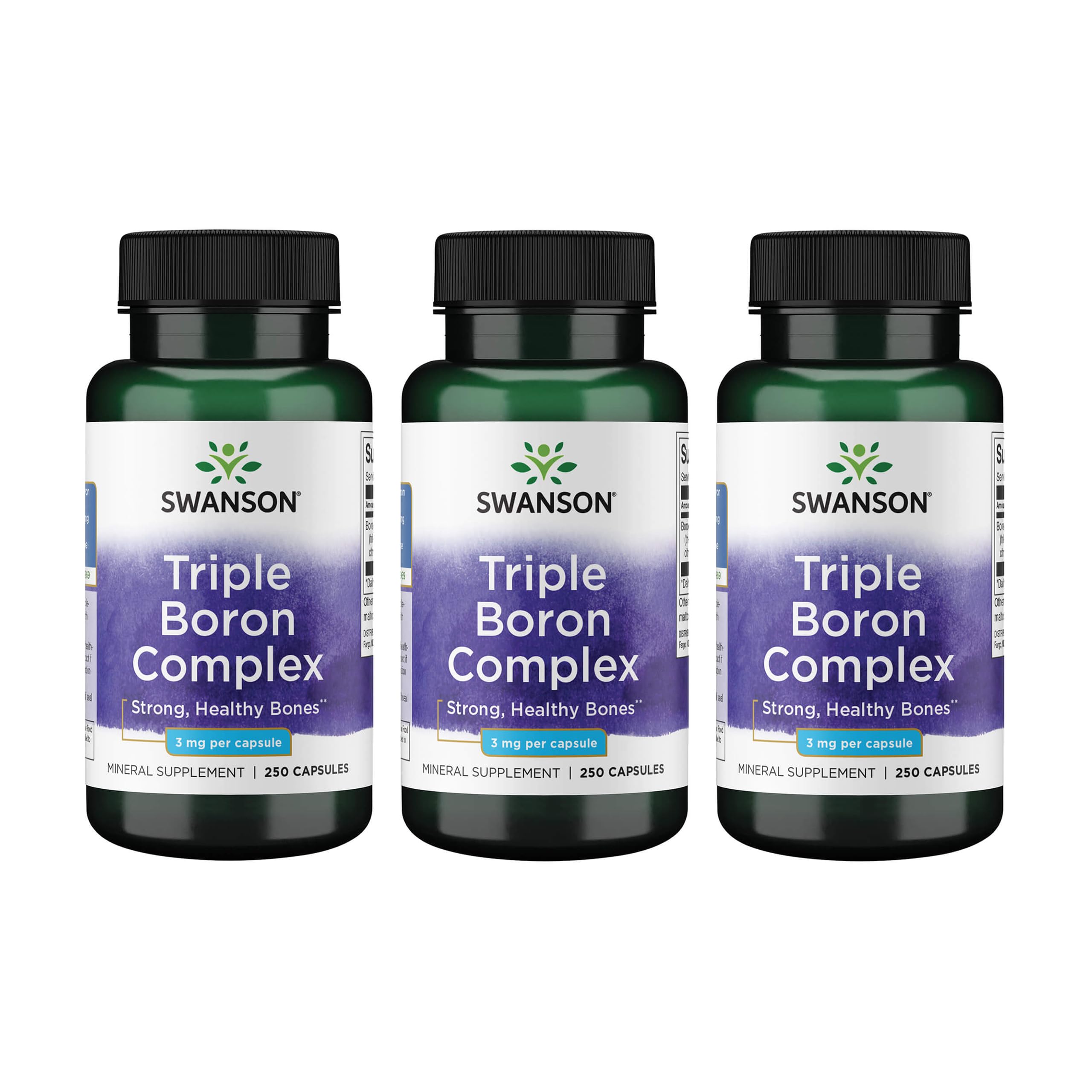Swanson Triple Boron Complex, botella 3-pack para apoyo óseo y bienestar diario.