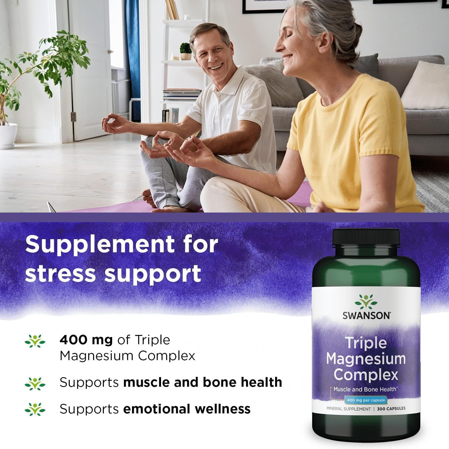 Swanson Triple Magnesium Complex, cápsulas visibles en frasco, dosis diaria de 400 mg.