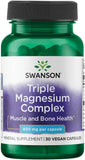 Swanson Triple Magnesium Complex en envase de 30 cápsulas, apoyo nervioso y muscular.