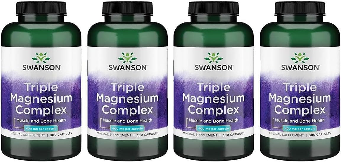 Swanson Triple Magnesium Complex frasco frontal, suplemento mineral diario para músculos y huesos