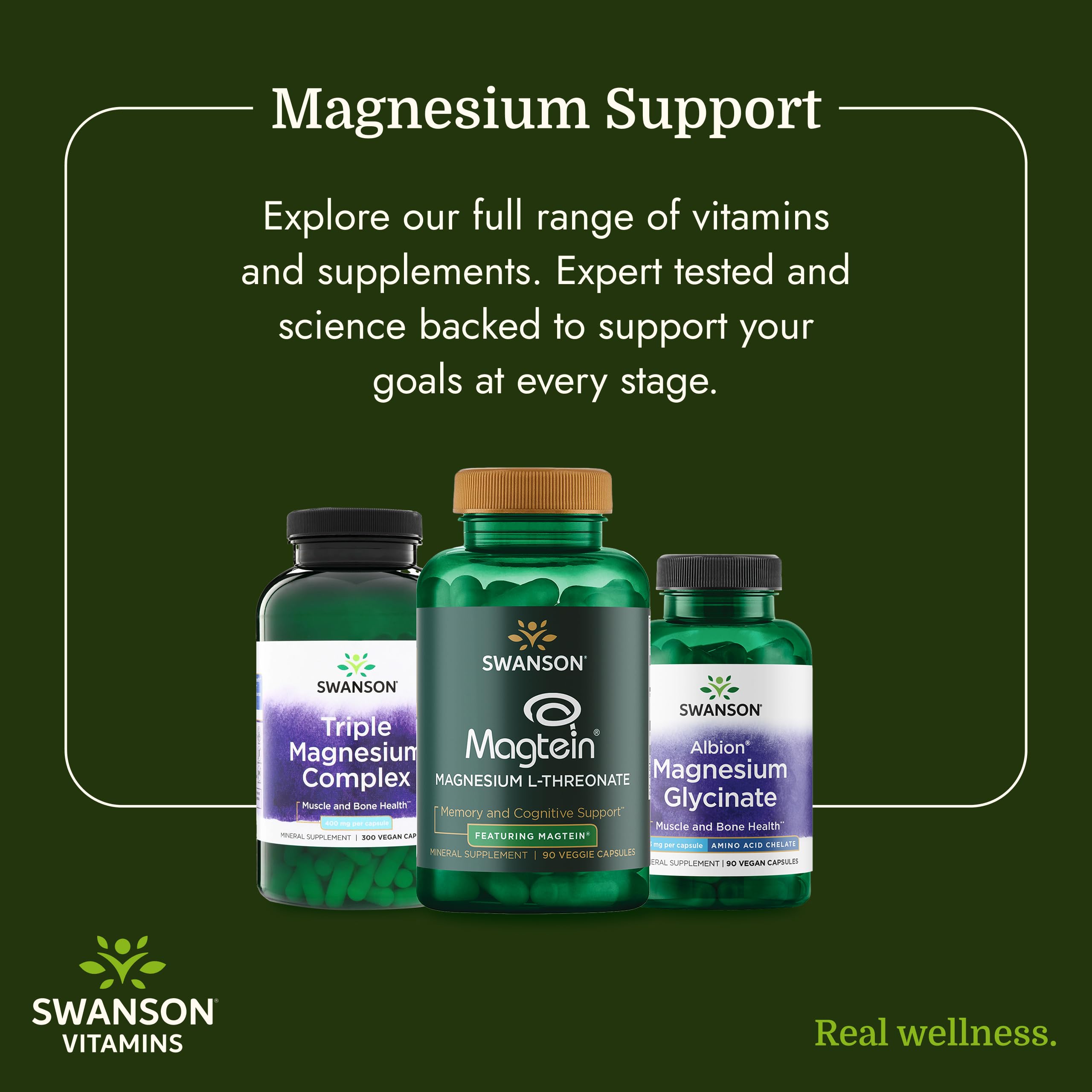 Swanson Complejo triple de magnesio — dosis diaria sugerida para rutina.