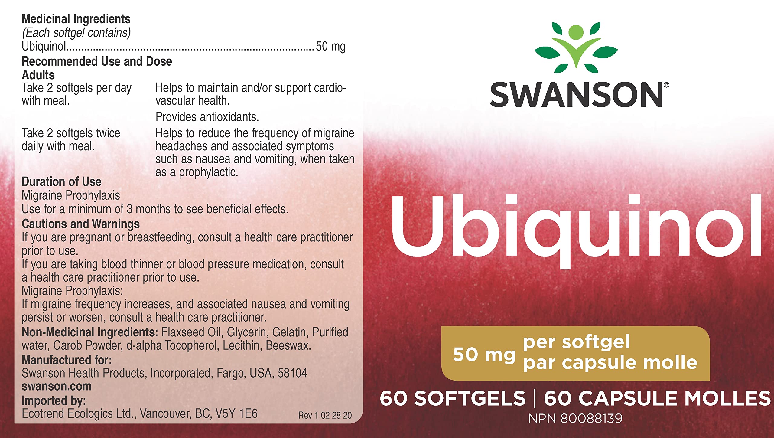 Swanson Ubiquinol 50 mg, etiqueta, informacion clara para calidad.