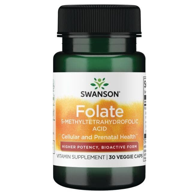 Swanson ULT FOLATE, botella visible, soporte para la salud del corazón y energía diaria.