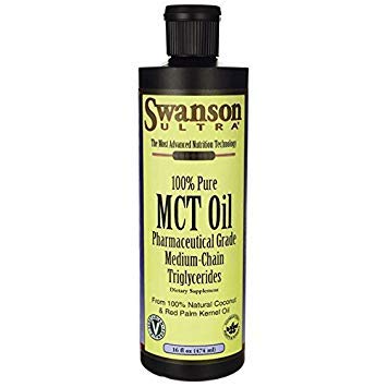 Swanson ULT MCT Oil en botella de vidrio para energía sostenida y uso diario.