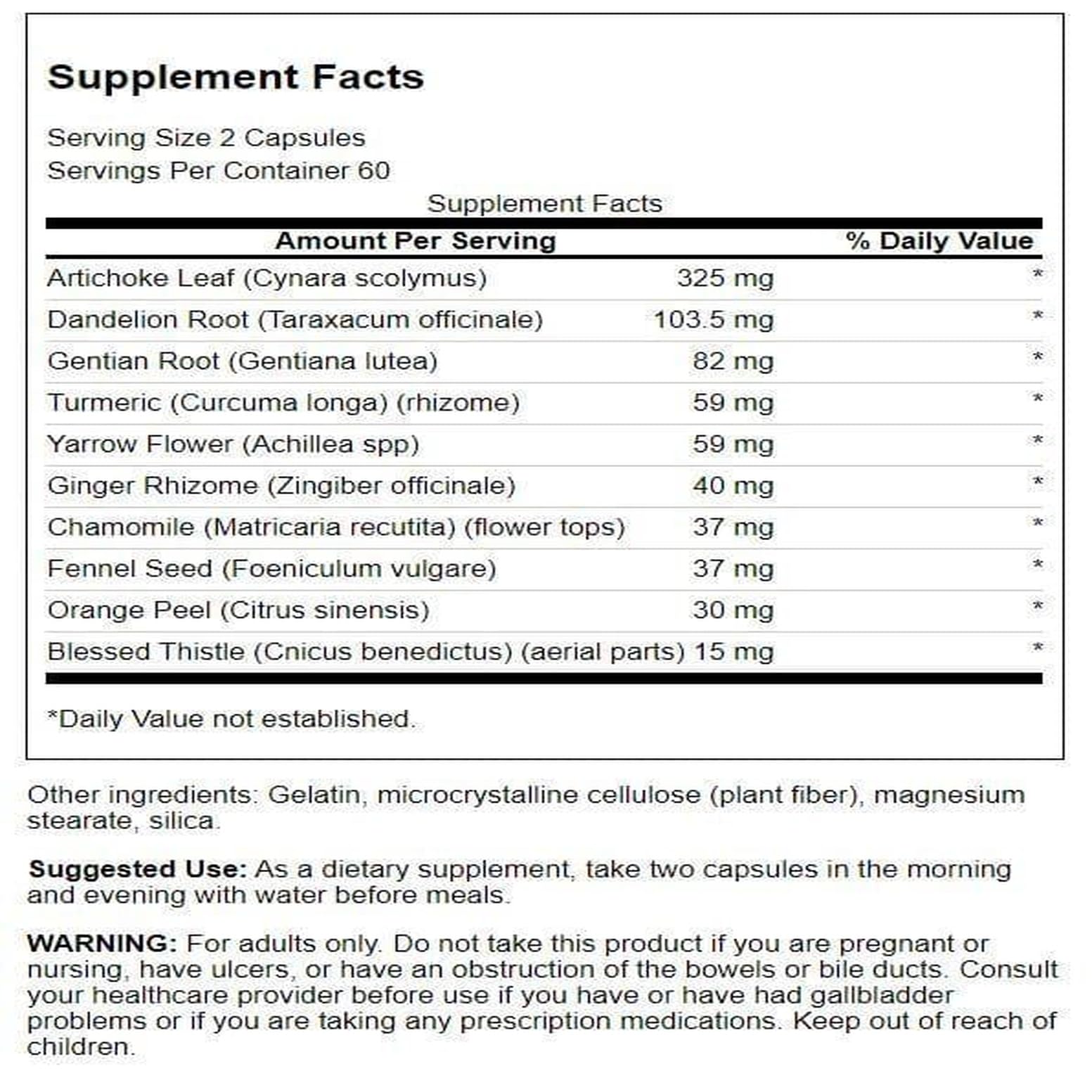 Etiqueta de Swanson Ultra Bavarian Herbal Bitters con datos de calidad