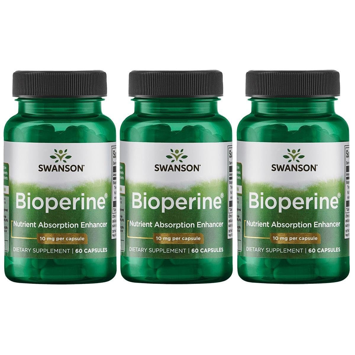 Swanson Ultra Bioperine 10 mg cápsulas, envase, mejora la absorción de nutrientes.