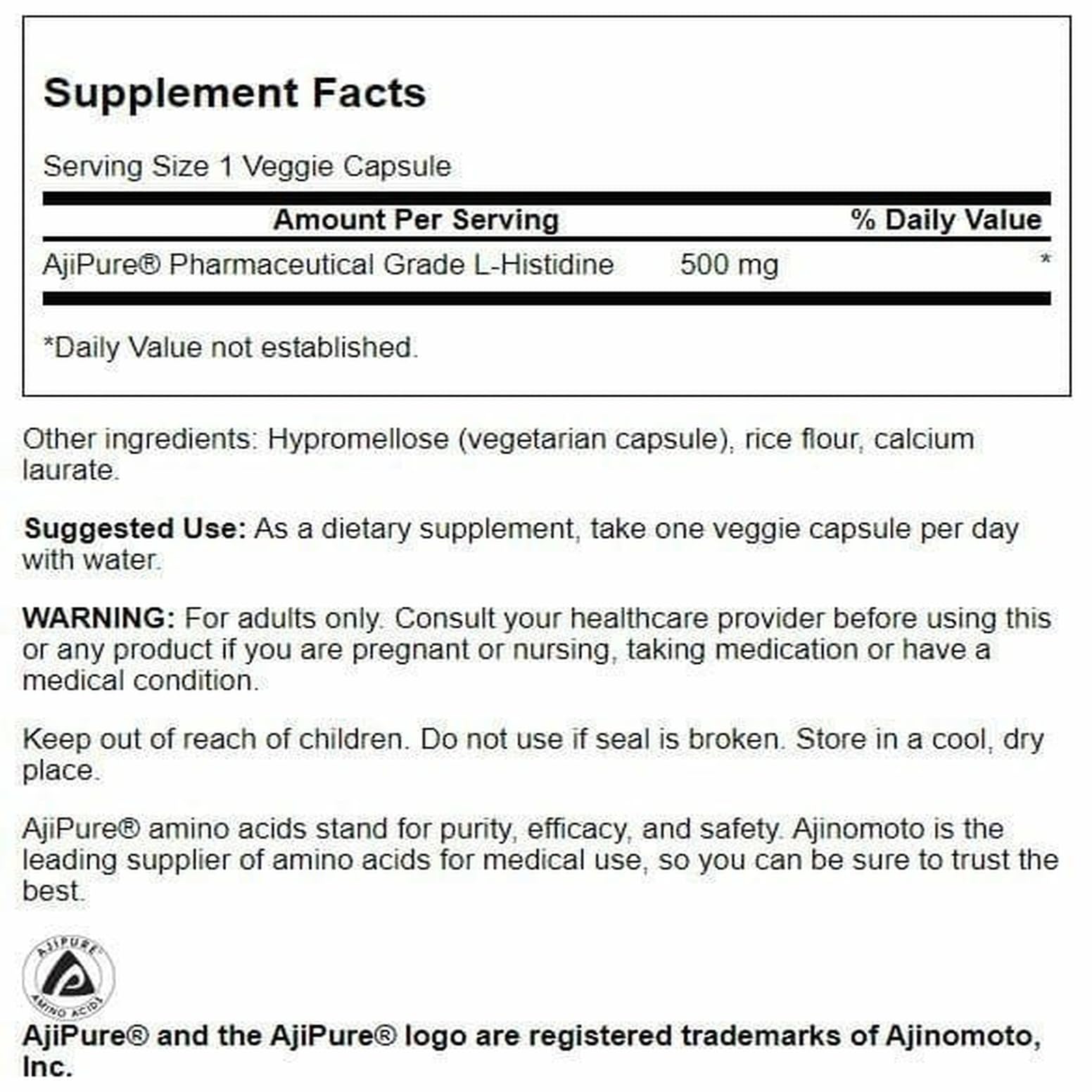 Swanson Ultra L-Histidina Ajipure, etiqueta frontal, opción vegetariana para suplementación diaria.