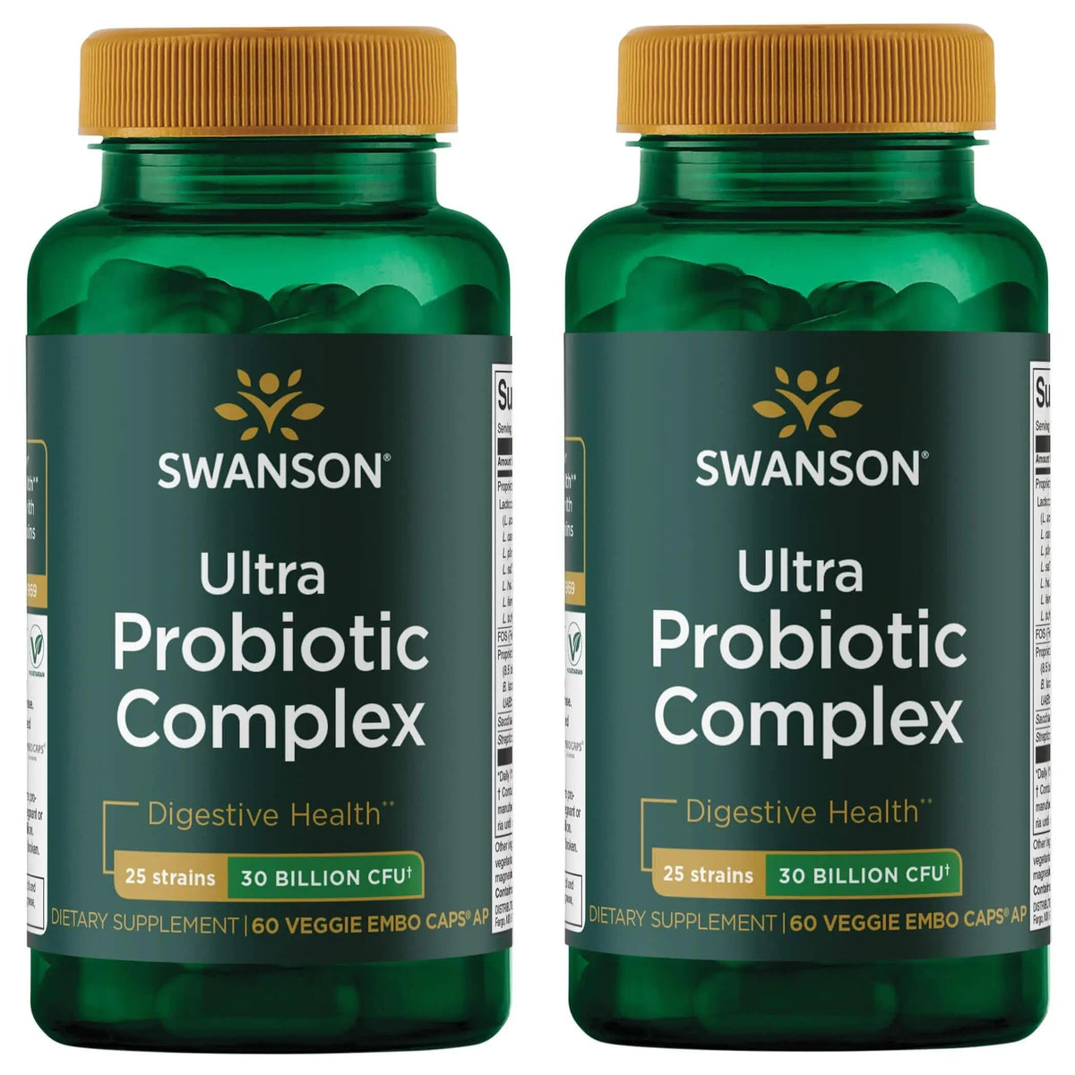 Swanson Ultra Probiotico Complejo frente a la botella, capsulas vegetales para soporte digestivo diario