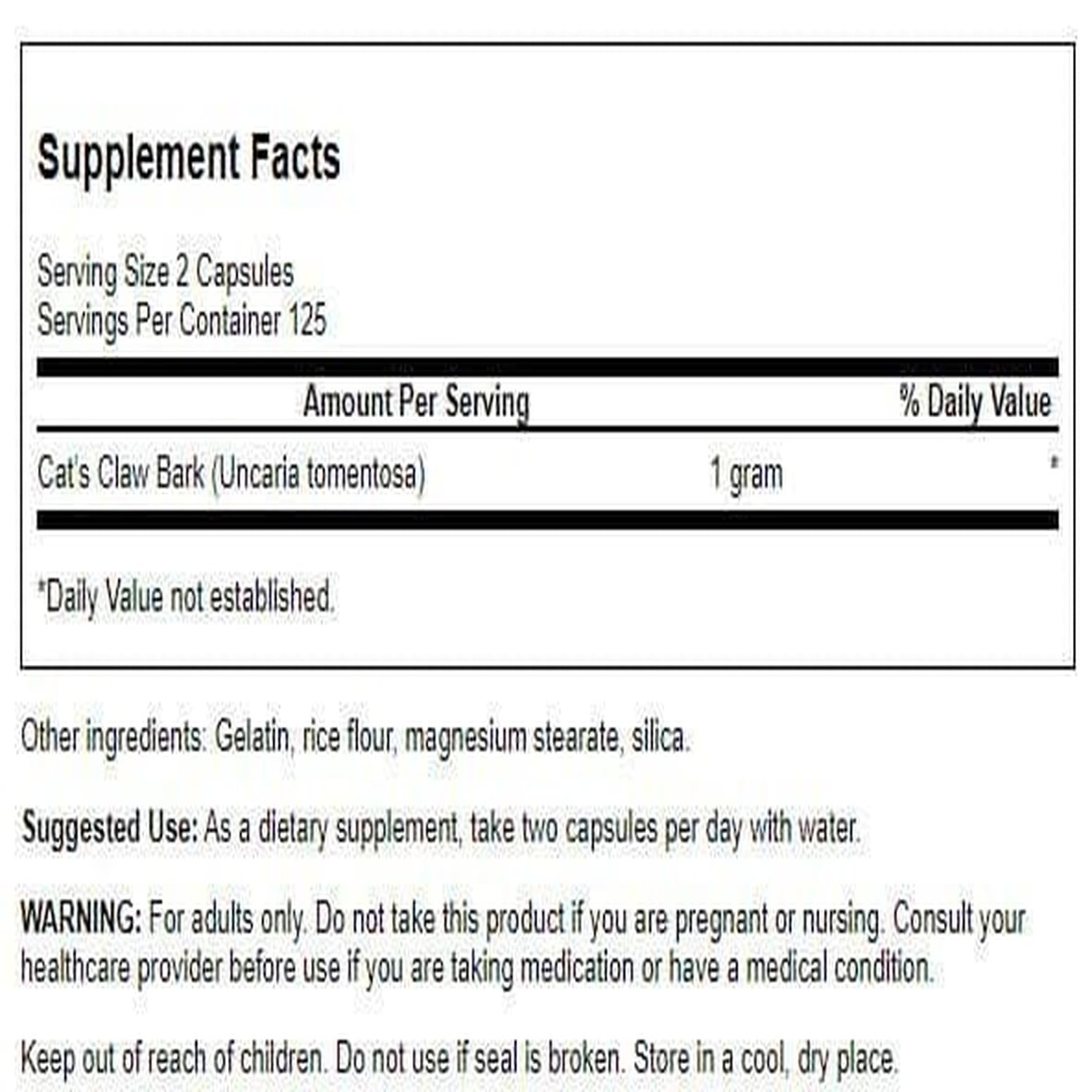 Swanson uña de gato, cápsulas 500 mg, paquete de 250 cápsulas