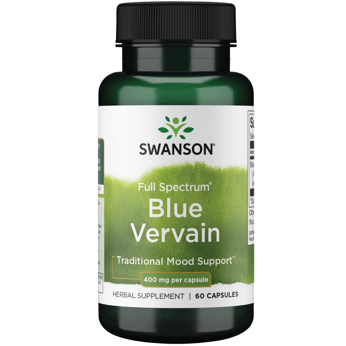 Swanson verbena azul, frasco vertido mostrando el envase y su uso potencial para el bienestar emocional