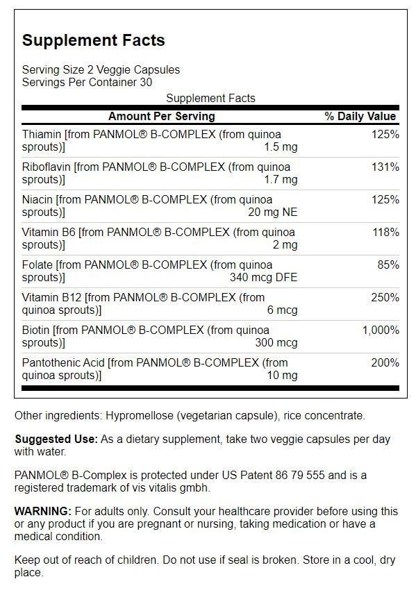 Swanson Vitamina B-Complejo de Alimentos Reales: etiqueta transparente para conocer ingredientes.