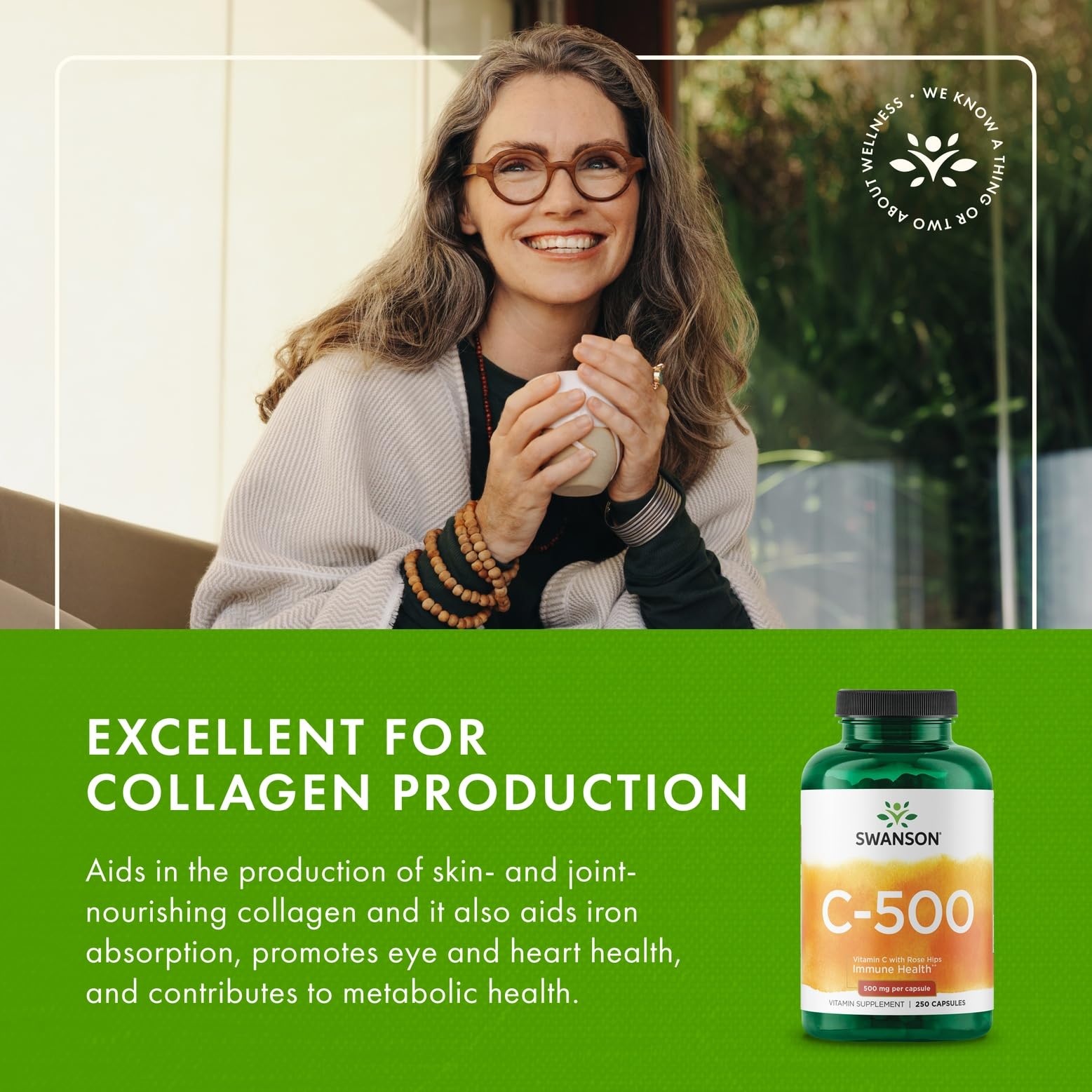Swanson Vitamina C 500, ingredientes con rosas mosqueta para nutrición diaria.