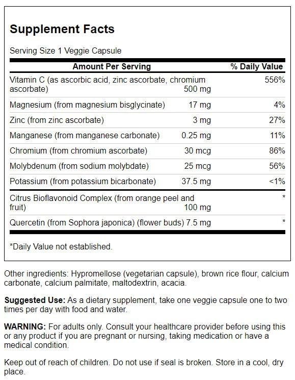 Swanson Vitamina C cápsulas, primer plano, destaca absorción y bioactividad potencial.