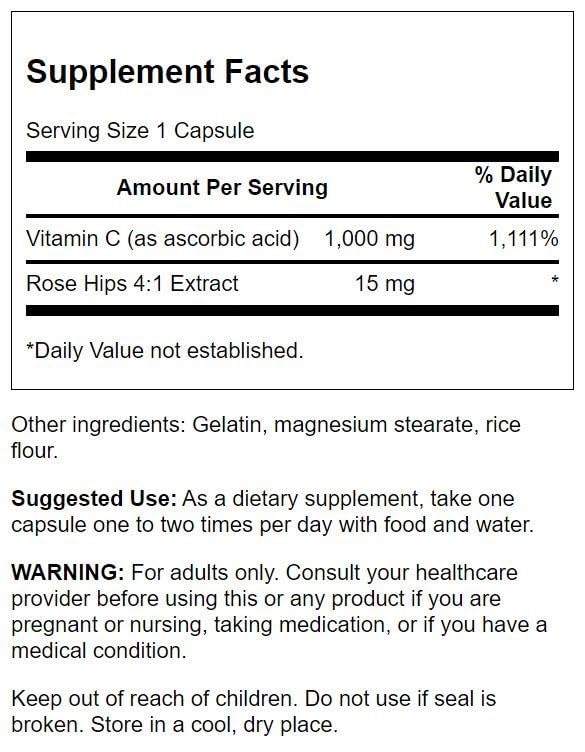 Swanson Vitamina C con rosa mosqueta, etiqueta visible, uso diario recomendado.