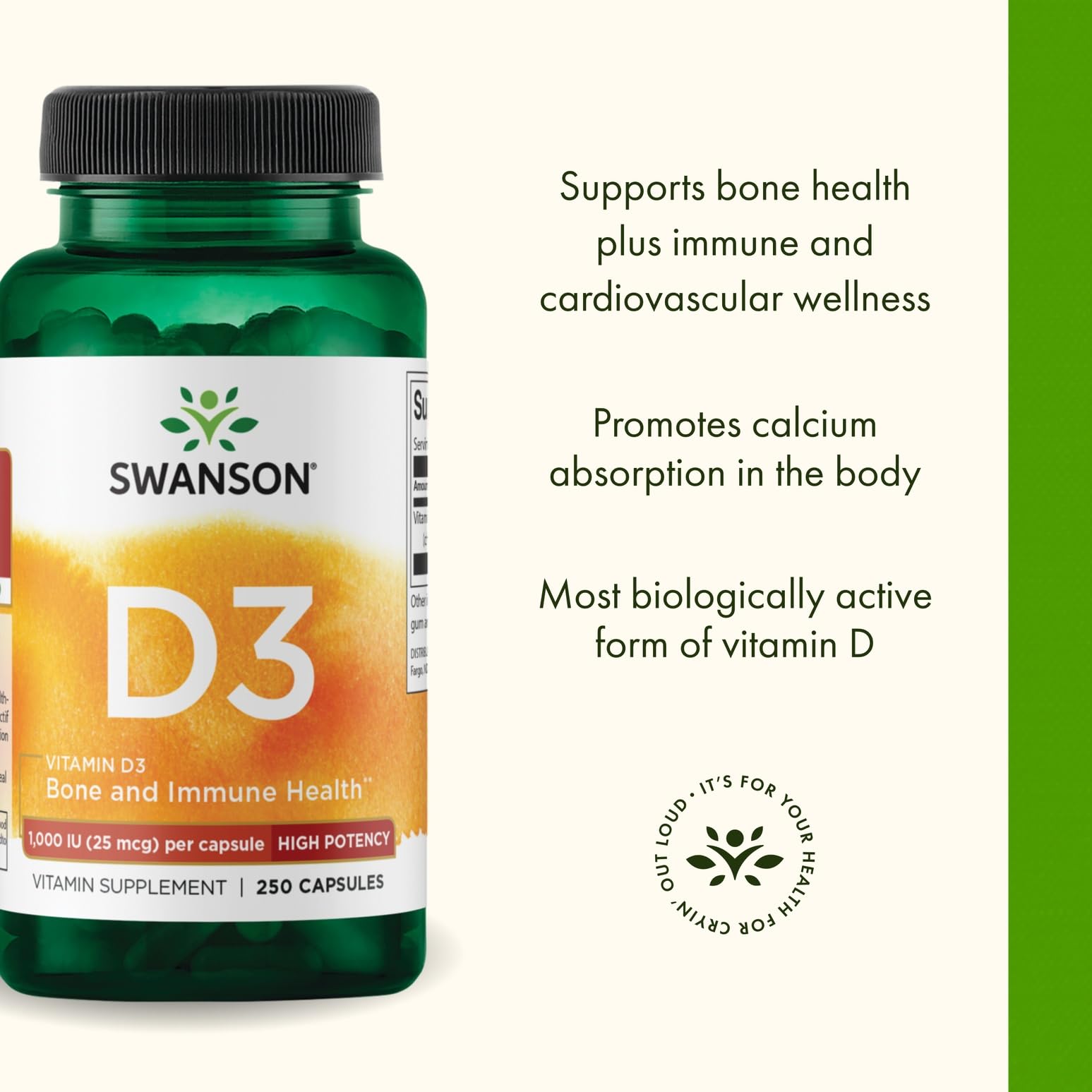 Swanson Vitamina D3 1000 UI: cápsulas lisas listas para tomar.