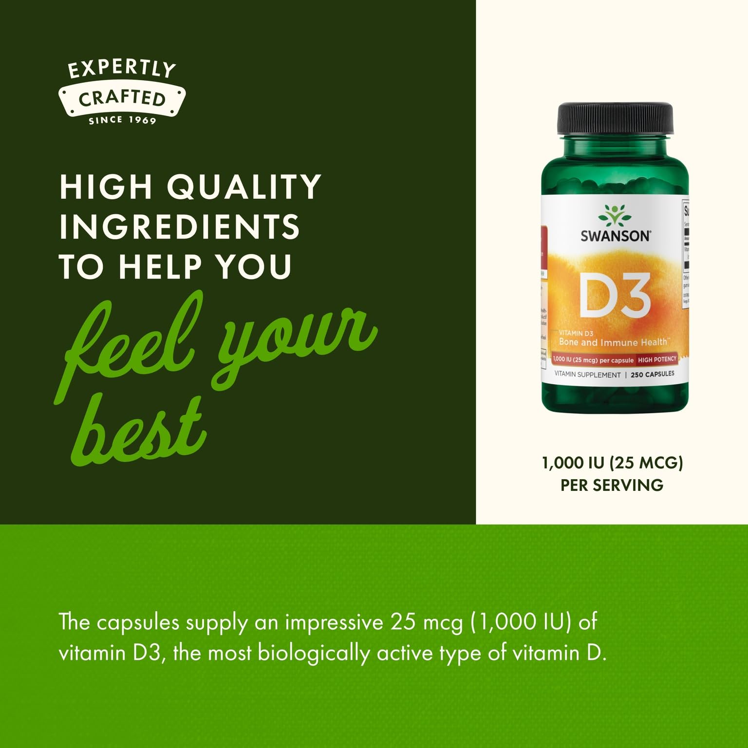 Swanson Vitamina D3 1000 UI: dosis diaria para apoyo óseo y muscular.