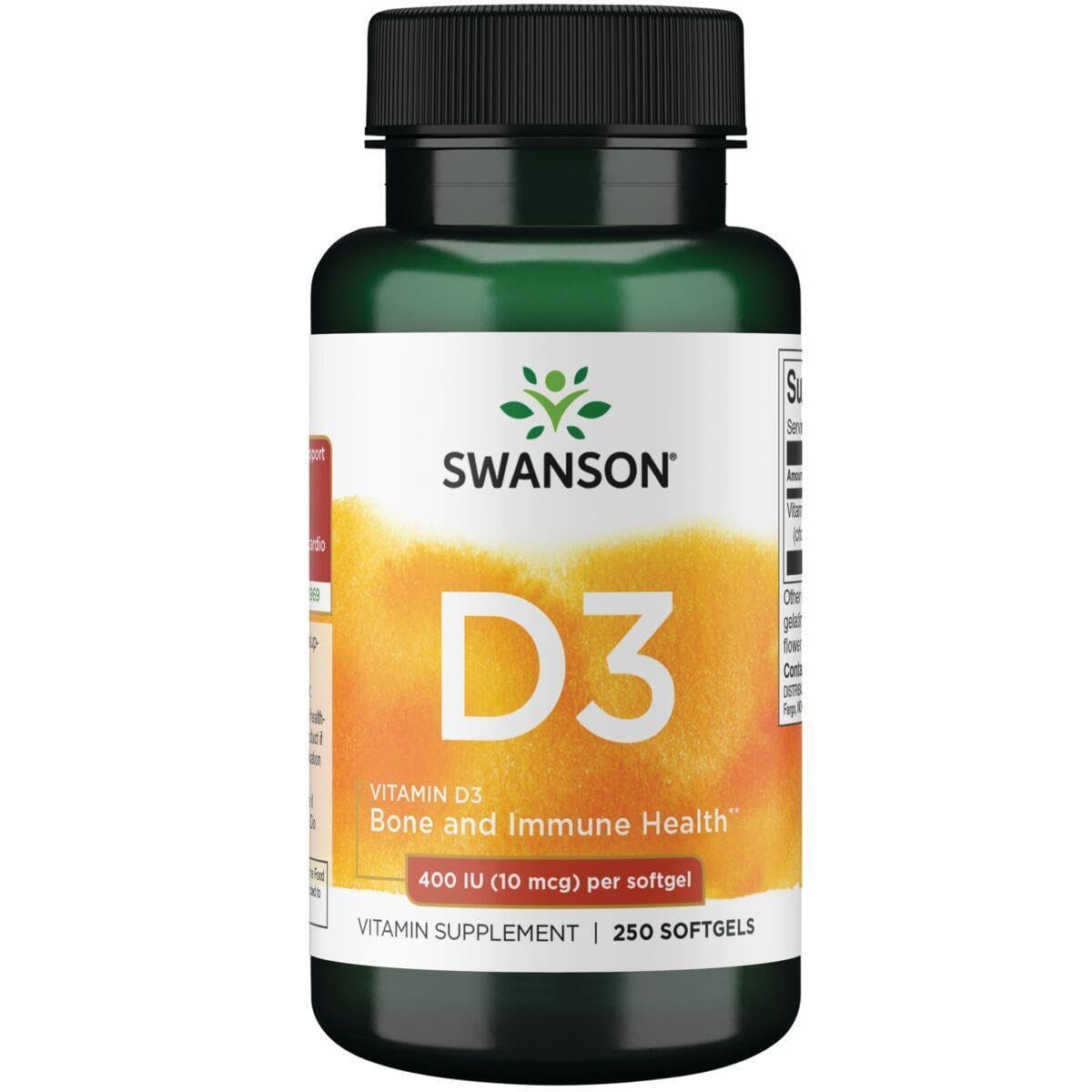 Frasco de Swanson Vitamina D3 400UI, cápsulas blandas para apoyar huesos y absorción de calcio.