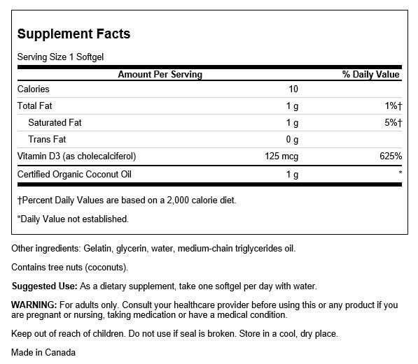 Swanson vitamina D3 con coco, etiqueta mostrada: suplemento diario para absorción de calcio