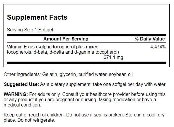 Swanson Vitamina E, etiqueta de la botella, uso diario para apoyar la salud.