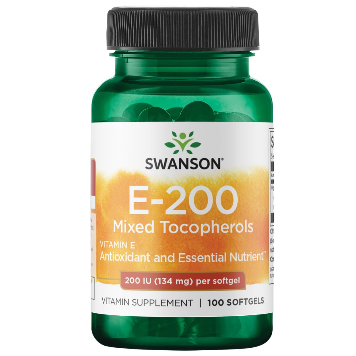 Swanson Vitamina E, frasco de cápsulas con tocoferoles mixtos para apoyo antioxidante diario.