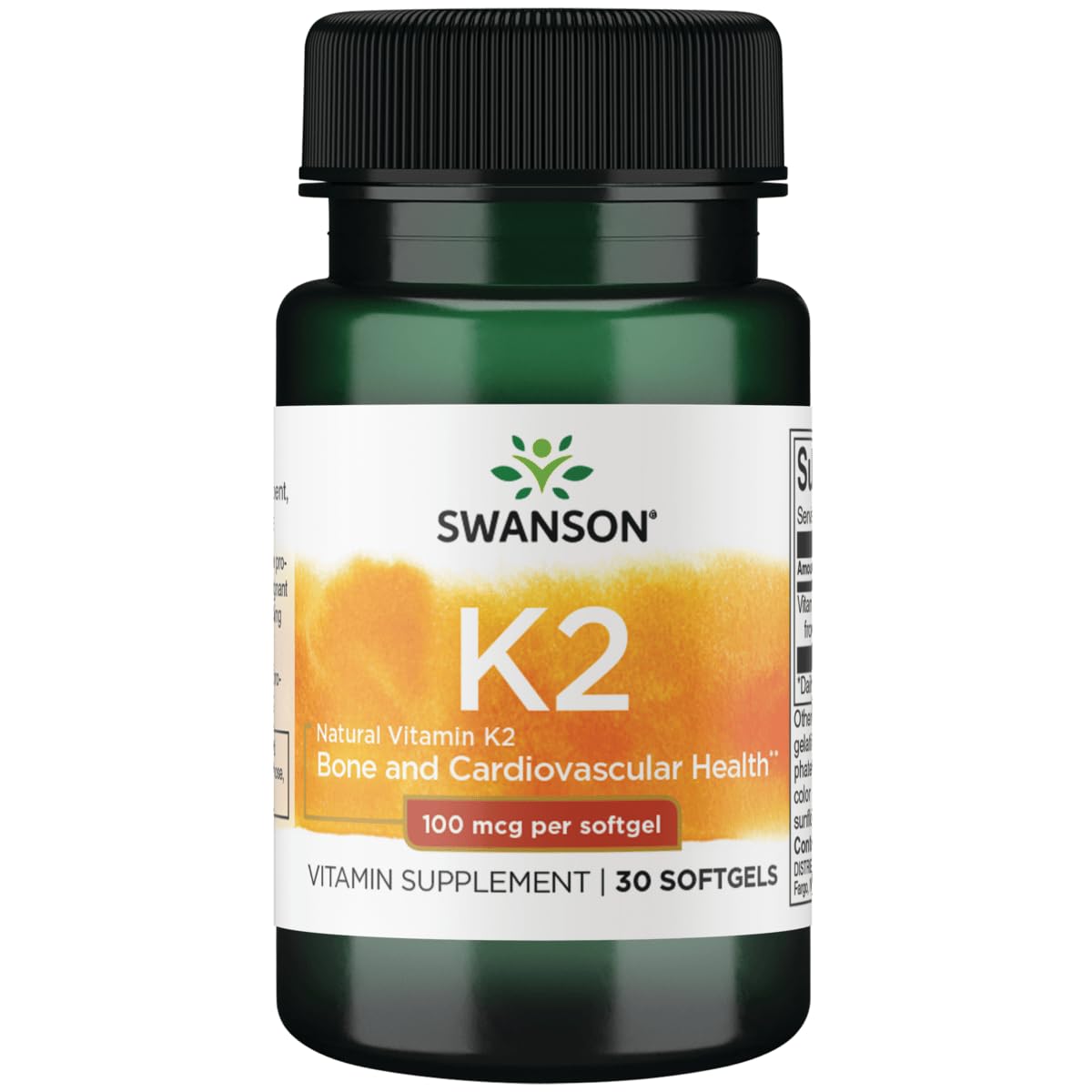 Swanson Vitamina K2 MK-7 en botella, posible soporte para huesos y corazón.